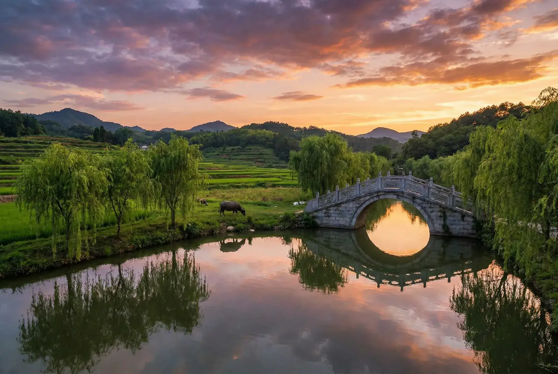 夕阳下的石拱桥与垂柳，水牛在河边吃草 - 电影灰烬重生 乡村美景
